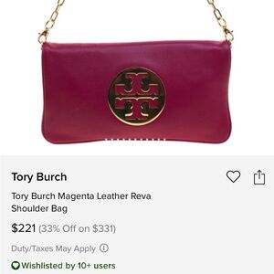 Tory Burch Leather Magenta Reva Gold Chain Clutch Handbag Great Condition.